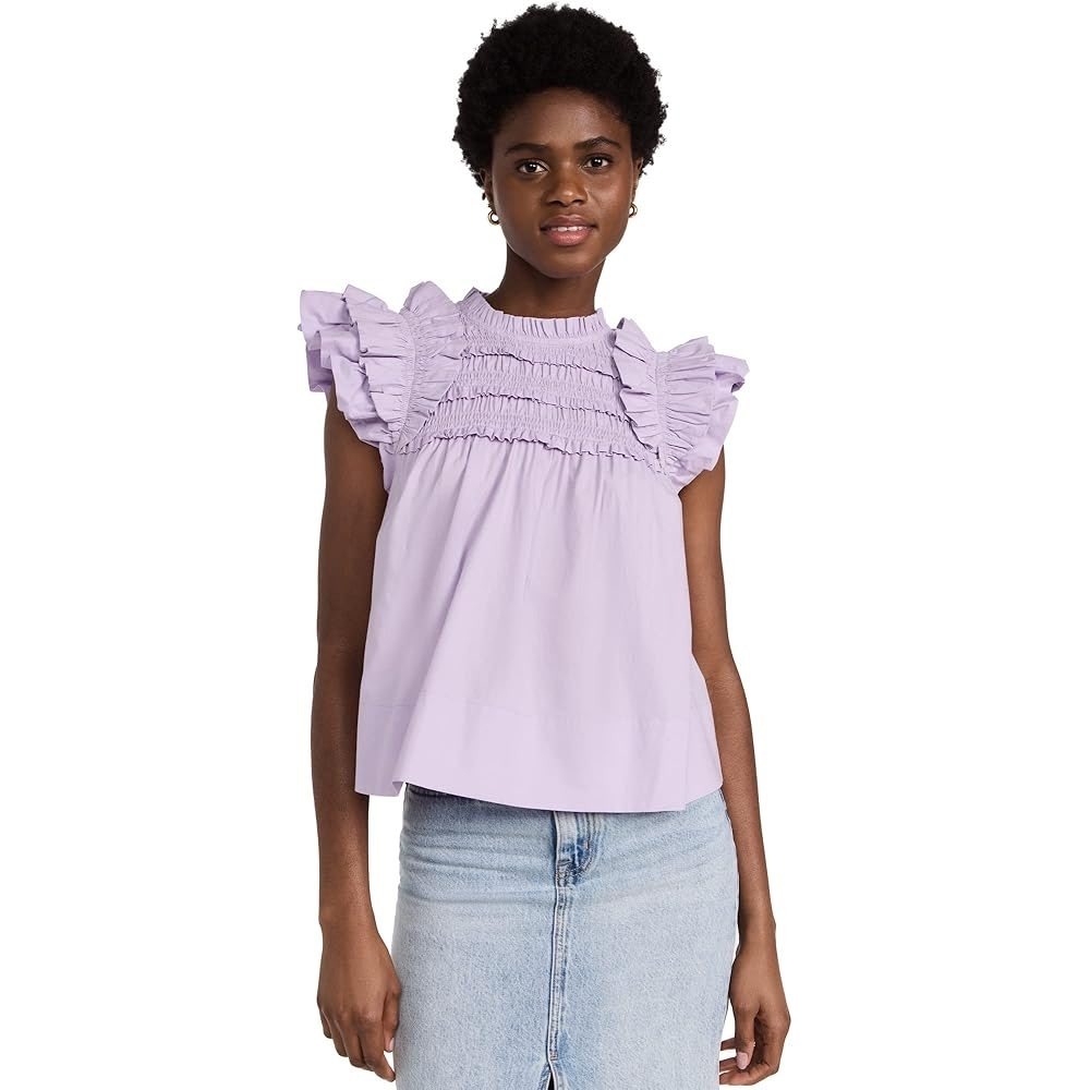 Sea New York Ruched Flutter Sleeve Cotton Blouse Purple Size XS